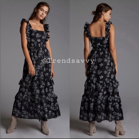 Especia Dresses & Skirts - Anthropologie Especia Navy White Floral Embroidered Ruffle Maxi Dress Medium NWT